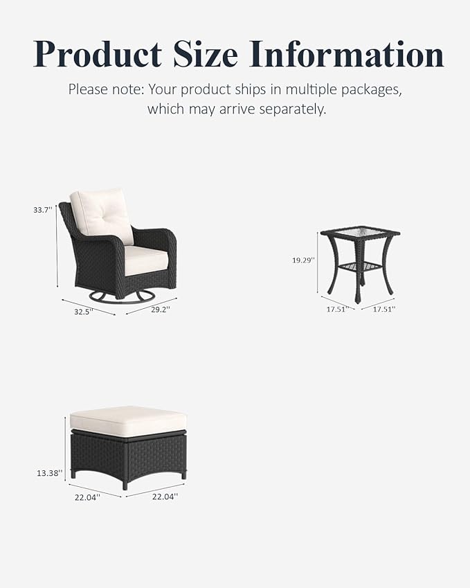 LayinSun 5 Piece Wicker Outdoor Furniture Set with 6-inch Comfy Cushions, High Back Patio Furniture Set with Swivel Rocking Chairs and Side Table