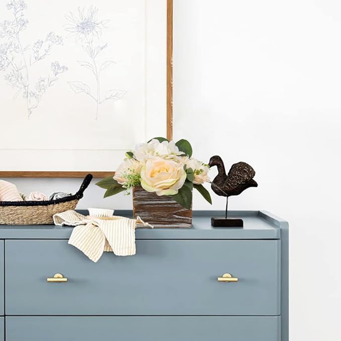 DILATATA Flower Arrangement with Wooden Vase 8" Artificial Flowers in Pot - Fake Flowers Roses Peonies Hydrangeas in Wooden Vase Potted Flower Centerpieces for Table Decor - Pale Yellow