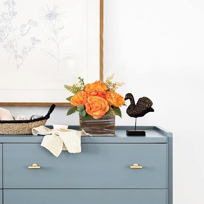 DILATATA Artificial Flower Arrangement, 8'' Orange Roses Peonies Hydrangeas in Wooden Planter, Rustic Fake Flowers in Pot for Home Decor Living Room - 1PC