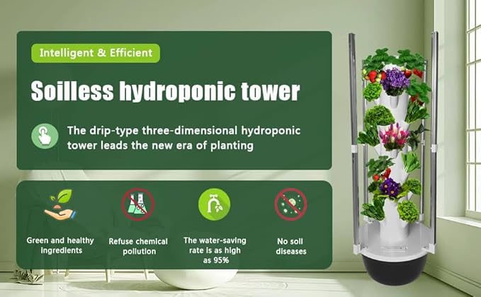 Hydroponics Growing System Kit with LED Grow Lights, Aero Gardening System, Hydroponic Tower, 28 Net Pots, Tomato, Green Salad, Strawberry Tower for Your Indoor Vegetable Garden