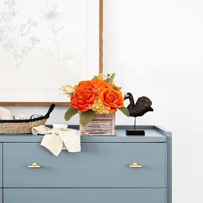 Flower Arrangement with Wooden Vase 8" Artificial Flowers in Pot - Fake Flowers Roses Peonies Hydrangeas in Wooden Vase Potted Artificial Flower Centerpieces for Table Decor Living Room - Burnt Orange