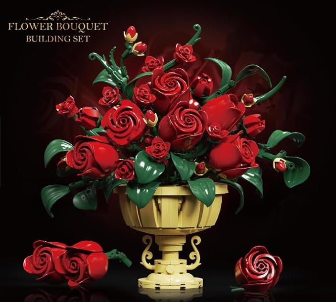 Rose Flower Building Set, 969 PCS Botanicals Flowers Bouquet Building Block Kit with Pot, Artificial Bonsai Plant Collection Office Home Decor, Birthday Gift for Adults Women Boys Girls 12+