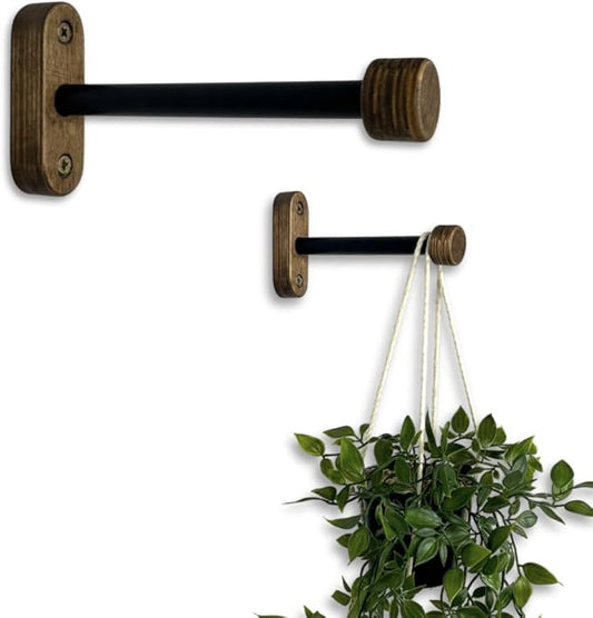 EvenWood 2-Piece Set of Wooden Plant Hooks for Wall with Sturdy Metal Tube - Plant Wall Hanger for Pots, Flower Brackets - Bracket Plant Hanger for Indoor and Outdoor Decorations (Walnut, 8 Inch)