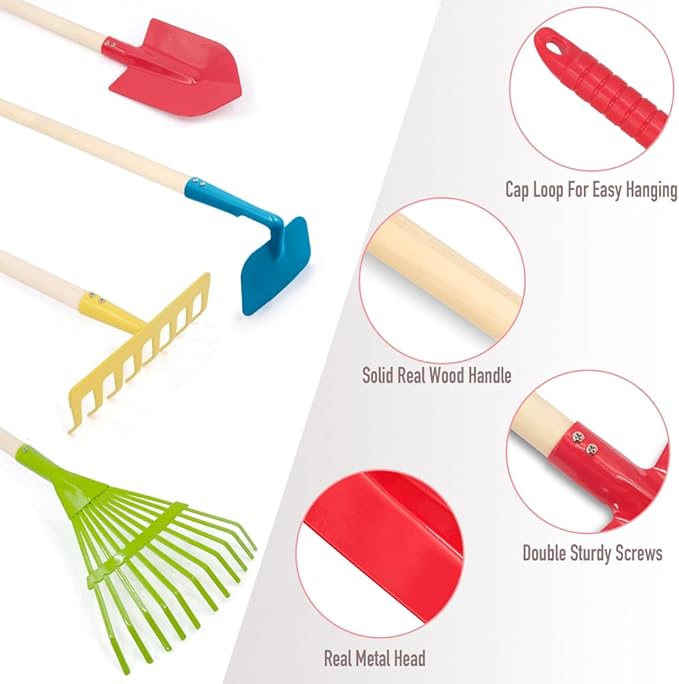 8PCS Kids Rake and Shovel Set, Yard Toys for Kids Ages 3-11, Include Colorful Long Rake, Shovel, Hoe, Leaf Rake, Garden Gifts for Children Outdoor Play