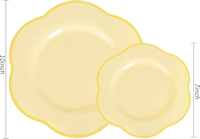 Liacere 50PCS Yellow Plastic Plates - Heavy Duty Disposable -Yellow and Gold Include 25PCS 7inch and 25PCS 10inch Plates for Mother's Day & Baby Shower