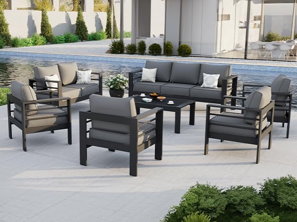 Aluminum Patio Furniture Set, 7 Piece Metal Outdoor Set, Patio Furniture Set with Waterproof Covers for Backyard Garden（Grey）