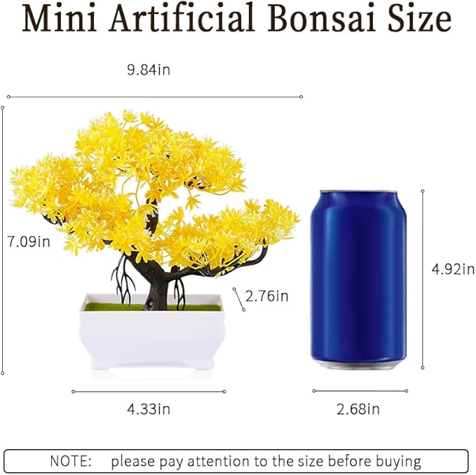 Mini Artificial Bonsai Tree Plants with Plastic Cement Pots for Home Office Décor (Yellow)