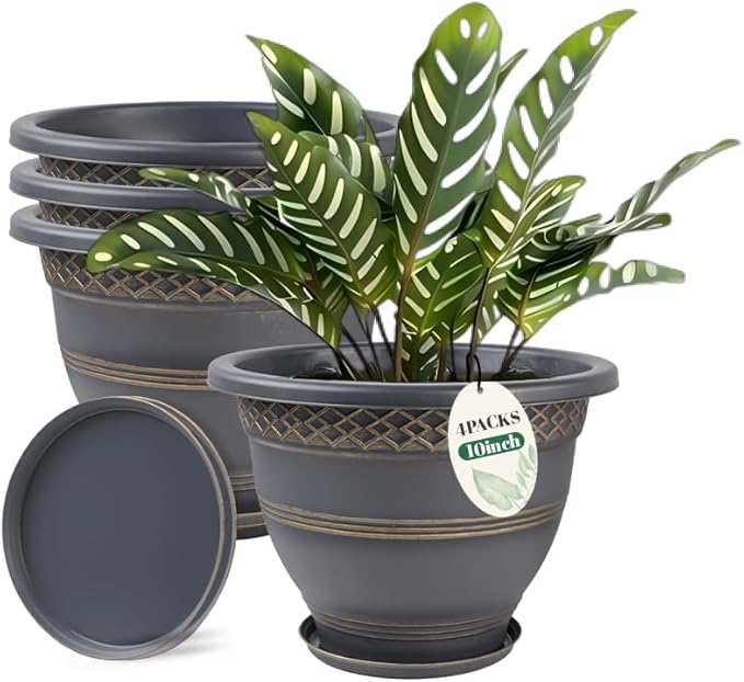 10 Inch 4 Pack Plant Pots, Plastic Flower Pot for Indoor & Outdoor with Drainage Holes & Saucer, Plaid Pattern Planters Garden Pots for Herbs