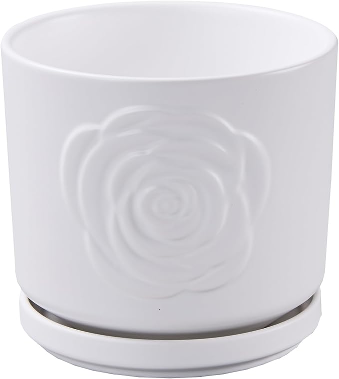 Ekirlin 7 Inch Plant Pots, Ceramic Rose Flower Planters Indoor, Modern Succulents Containers with Drain Hole Saucer, Weatherproof Pot for Home Decorate, Outdoor & Garden (White)