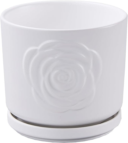 Ekirlin 7 Inch Plant Pots, Ceramic Rose Flower Planters Indoor, Modern Succulents Containers with Drain Hole Saucer, Weatherproof Pot for Home Decorate, Outdoor & Garden (White)