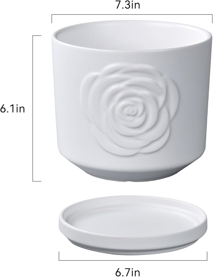 Ekirlin 7 Inch Plant Pots, Ceramic Rose Flower Planters Indoor, Modern Succulents Containers with Drain Hole Saucer, Weatherproof Pot for Home Decorate, Outdoor & Garden (White)