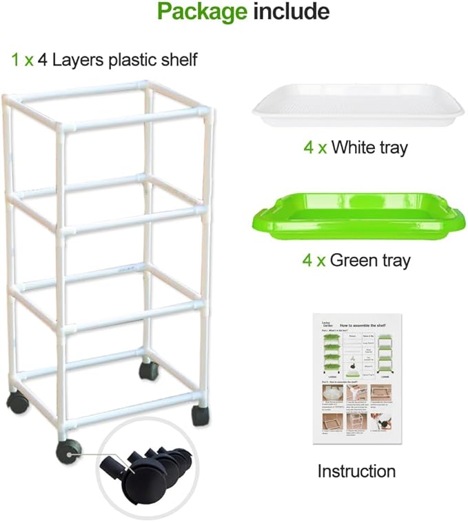 4 Layers Sprout Trays with Extra Strength Plastic Shelf Soil-Free Healthy Wheatgrass Seeds Grower & Storage Trays for Garden Home Office