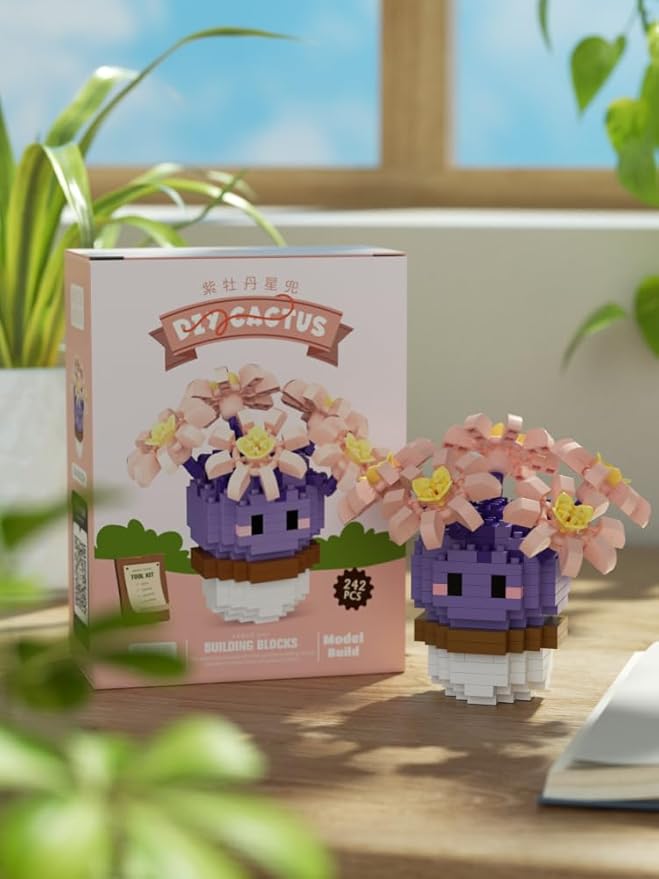 Purple Peony Star Mini Cute Cactus Succulent Plants Bonsai Building Toy Potted Plant Blocks Particle Flower Botanical