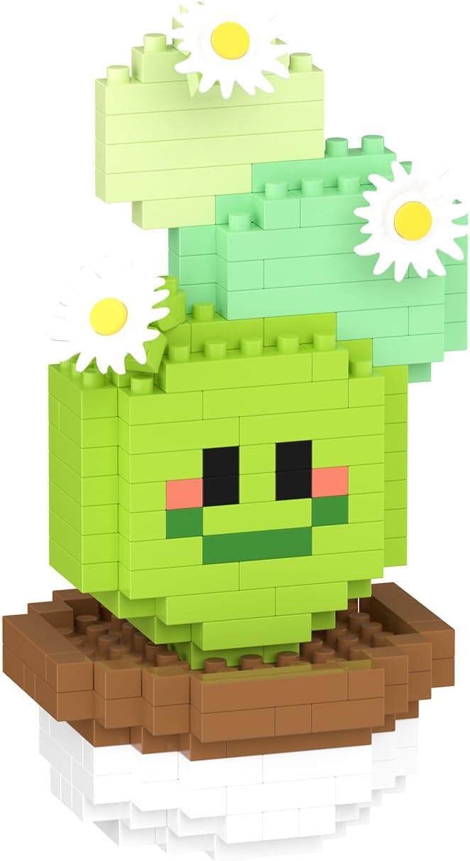 Round Fan Mini Cute Cactus Succulent Plants Bonsai Building Toy Potted Plant Blocks Particle Flower Botanical