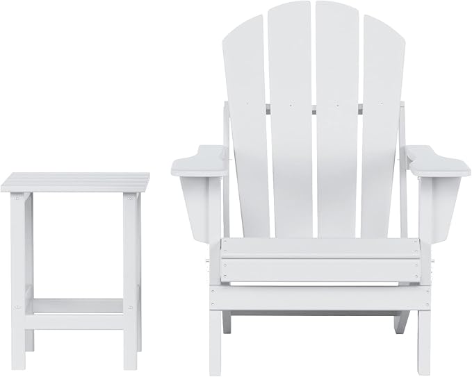 WO Home Furniture Adirondack Chair Table Set of 2 PCS Outdoor Folding Chair w Side Table Weather/UV Resistant for Lawn, Garden, Bon Fire, Balcony (White)