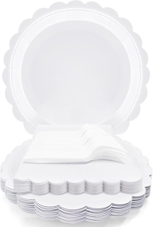 White Paper Plates and Napkins,7 Inch White Scalloped Disposable Dessert Plates Paper Napkin Fork Party Supplies for Wedding Baby Shower Birthday(25 Guest)