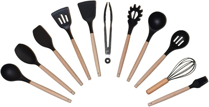 Kitchen Utensils Cookware Set, 12-piece BPA free Silicone with Wood Handle and Storage Container