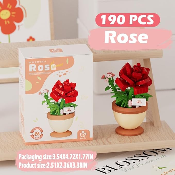 Rose Mini Flower Bonsai Building Toy Potted Plant Blocks Artificial Particle Flower Botanical
