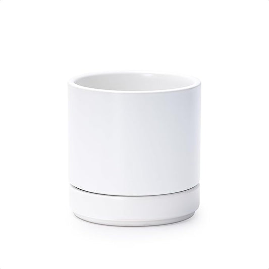 D'vine Dev 4.7 Inch Ceramic Planter Pot with Drainage Hole and Saucer, Indoor Cylinder Round Planter Pot, White, 94-O-B-1