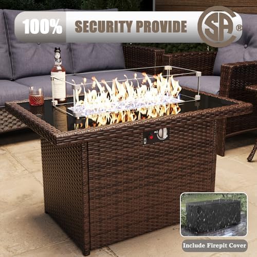 LayinSun 7 Piece Wicker Patio Furniture Set with Fire Pit Table, Classis Outdoor Conversation 360 Degree Swivel Chairs Set with Coffee Table