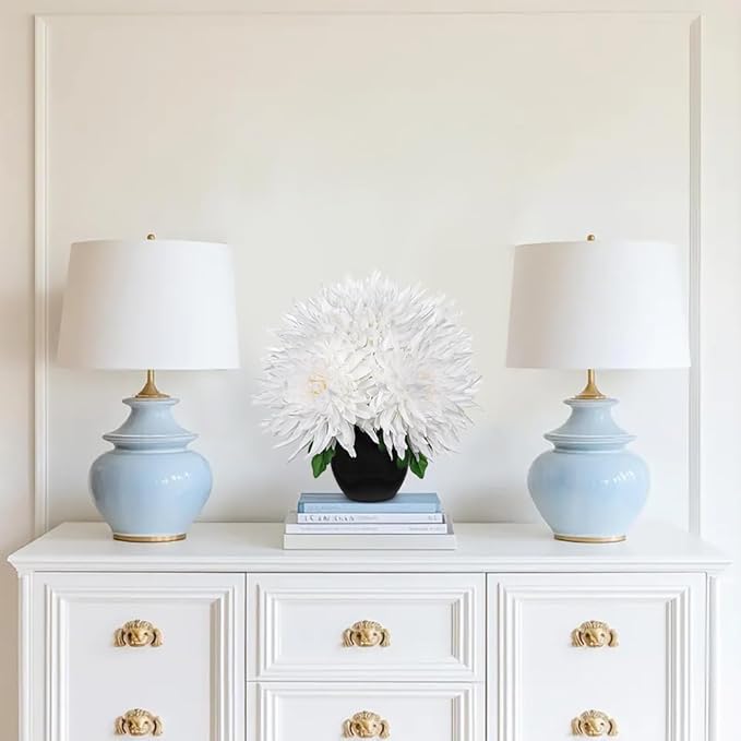 Hollyone Artificial Mums Flowers in Vase Faux Chrysanthemum Silk Flower Potted Plant Fake Plants & Flowers with Pot Floral Arrangements Bouquets Pincushion Spider Mum Flower Home Decor White