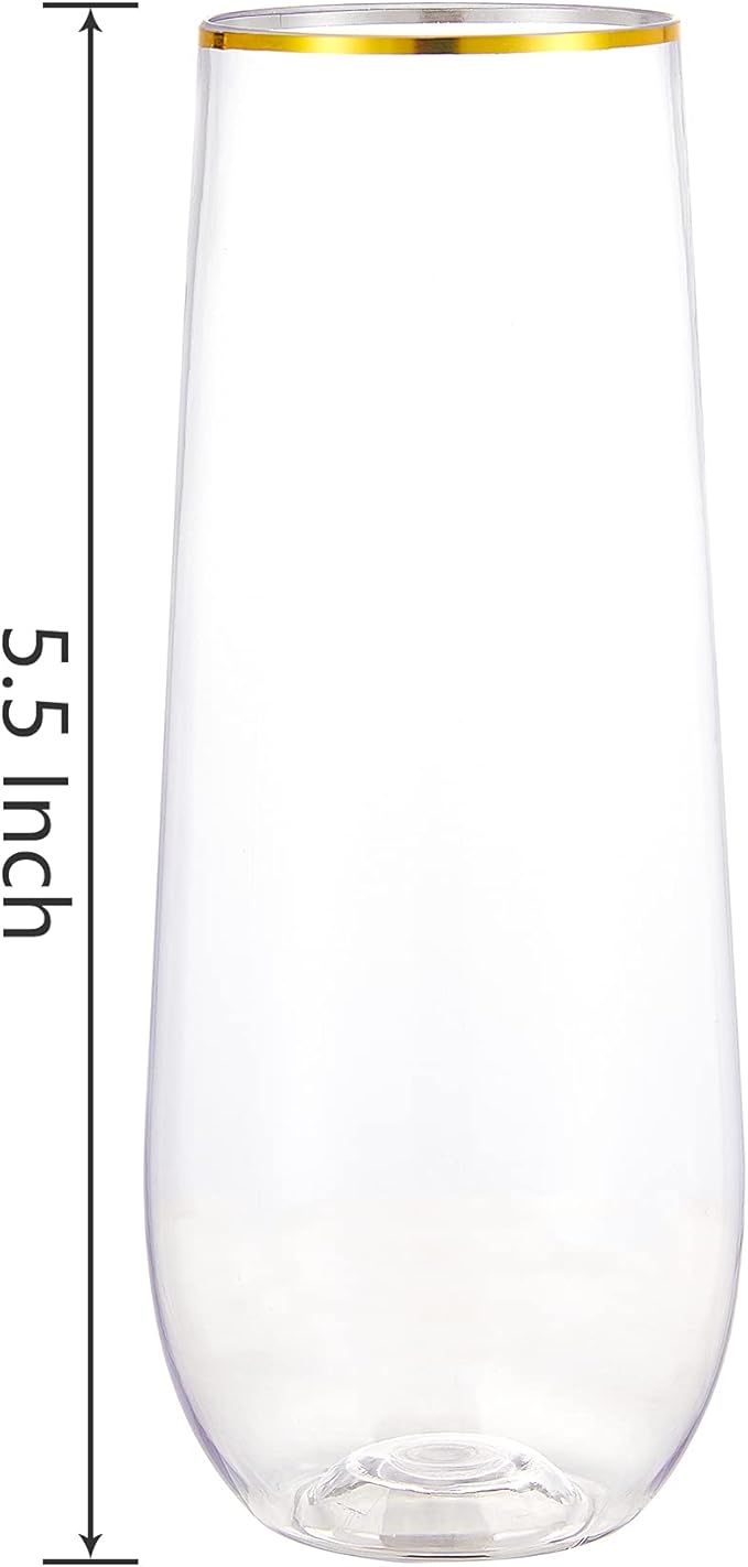 N9R 36PCS Plastic Champagne Flutes, 9 Oz Stemless Disposable Gold Rim Toasting Glasses, Crystal Clear Cocktail Cups Drinkware Shatterproof Ideal for Party Wedding Birthday