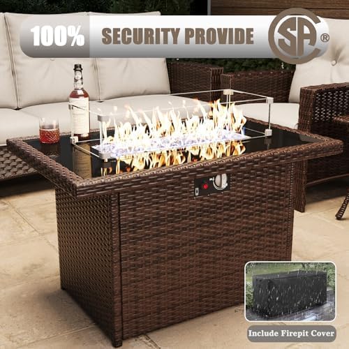 LayinSun 10 Piece Wicker Patio Furniture Set with Fire Pit Table, Classis Outdoor Conversation 360 Degree Swivel Chairs Set with Coffee Table