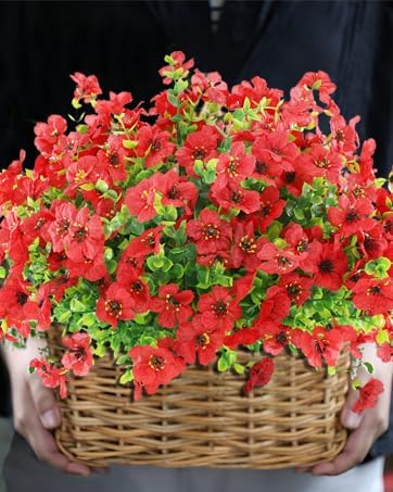 Artificial Fake Flowers Outdoor Spring Summer Decoration, 16 Bundles Faux Eucalyptus Violet Realistic UV Resistant for Outside Home Planter Porch Patio Yard Decor (Red Eucalyptus)