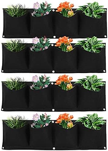 Wall Plant Bag,4Pcs Vertical Hanging Outdoor Wall Planter 4 Pocket Plant Grow Bag Wall Mounted Reusable Degradable Felt Garden Planter Herbs Succulents Artificial Flowers. (Black)