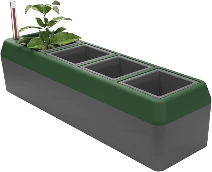 Bio Green Provence Self Watering Planters – 4-Herb Window Boxes Planters with Water Level Indicator – Windowsill Planter – Modern Pot Design – Practical and Easy to Use, Grey, Dark Green (PRO-4)
