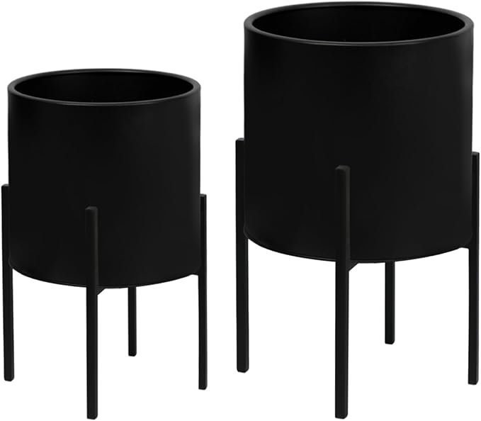 ARNIS Modern Plant Pots, Large Planters with Stand, Set of 2 Decorative Planters, Metal Plant Pots with Drainage Holes for Living Room, Office, Garden or Balcony, 10.5 &12.25 Inch, Black