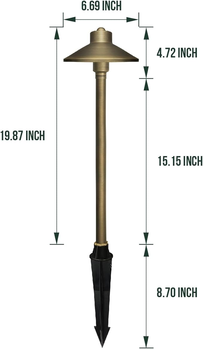 GKOLED Solid Brass Landscape Path Lights (6.7" Shade, 20" Tall), Low Voltage LED 3W 12-24V AC/DC China Hat Path Lighting, 2700K Outdoor Waterproof Walkway Light, with Stake and G4 Bulb, 2 Pack