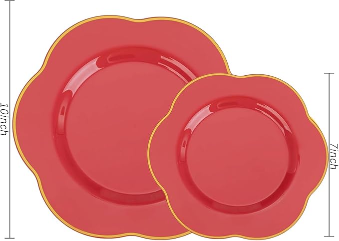 Liacere 50PCS Red Plastic Plates - Heavy Duty Disposable Plate-Red and Gold Include 25PCS Dinner Plate, 25PCS Dessert Plates for Halloween＆Thanksgiving＆Christmas