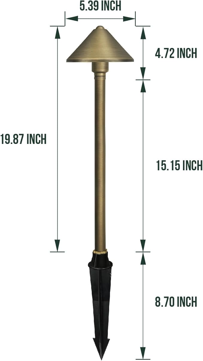 GKOLED Solid Brass Landscape Path Lights (5" Shade, 20" Tall), Low Voltage LED 3W 12-24V AC/DC Conehead Path Lighting, 2700K Outdoor Waterproof Walkway Light, with Stake and G4 Bulb, 12 Pack