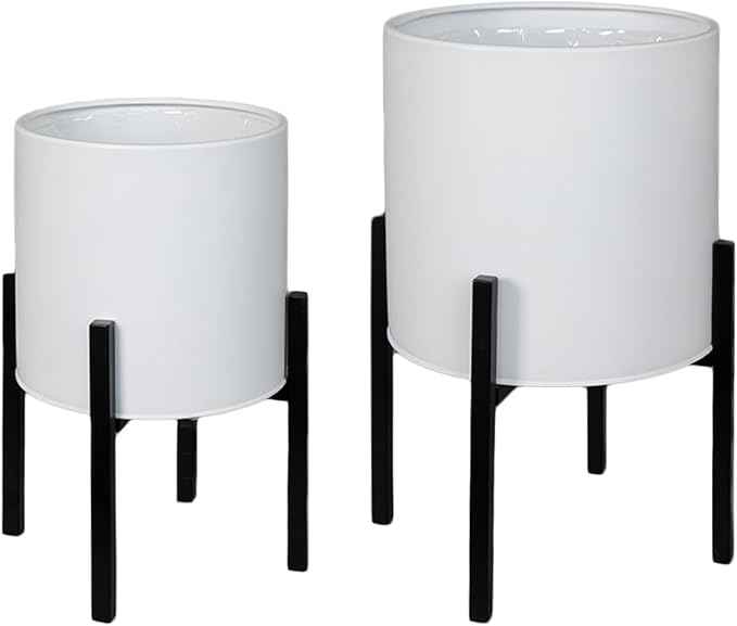 ARNIS Modern Plant Pots, Set of 2 Large Planters with Stand, Decorative Planters, Metal Pots with Drainage Holes for Living Room, Office, Garden or Balcony, 8.25 &10.5 Inch, White