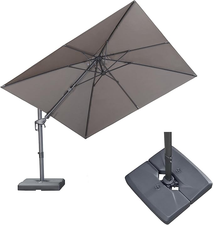 PURPLE LEAF 10' X 10' Swivel Outdoor Patio Aluminum Umbrella with Base Left-right Tilting Cantilever Offset Umbrella with UV Resistant Heavy Duty Fabric for Deck Pool Patio Backyard, Ash Mocha