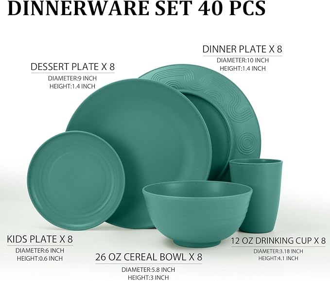 Wheat Straw Dinnerware Sets 40 PCS Unbreakable Dishes Set for Kitchen, Outdoor, Camping Dishes Plates and Bowls Sets with Cups, Dessert Plates, Dishwasher & Microwave Safe - Green