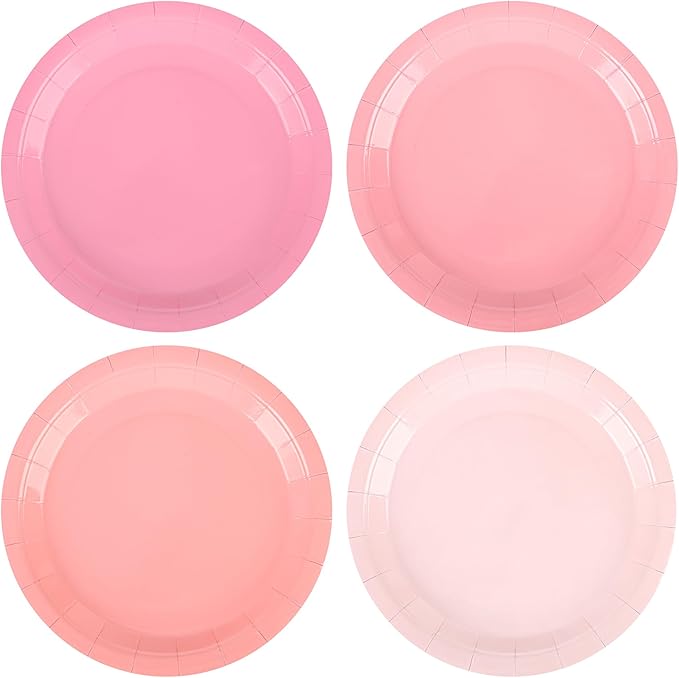 Pink Paper Plates Gradient Pink Party Plates 7”Disposable Round Dessert Plates for Birthday Wedding Bridal Engagement Baby Shower Party Supplies 4 Colors (24)