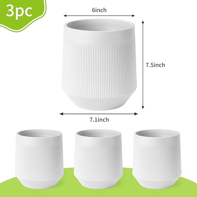 Plant Pots，Set of 3 Plastic Pots for Indoor Plants,Flower Pots Outdoor Planters with Drainage Hole and Seamless Saucer,White