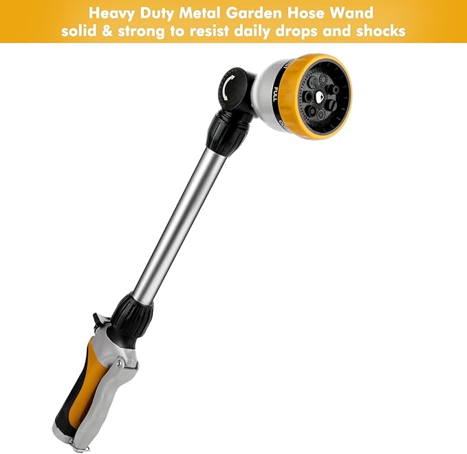 RESTMO Metal Watering Wand, Heavy Duty Garden Hose Wand with 180° Swivel Ratcheting Head, 16'' Hose Nozzle Sprayer with 7 Spray Patterns and Flow Control, for Water Hanging Baskets and Shrubs, Yellow