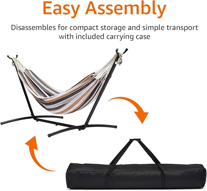 Amazon Basics Double 2 Person Heavy Duty Hammock with Space Saving Steel Stand and Carrying Case, 470lb Capacity, Multi Color, 118 x 46 x 39 inches