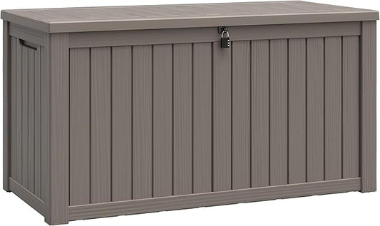 NUNU LAB 151 Gallon Outdoor Storage Box,Resin Large Sturdy Deck Box, Backyard Outside Storage Box Waterproof with Double Wall Panels,Package Delivery Garden Outdoor Hose Storage Bin,Grey
