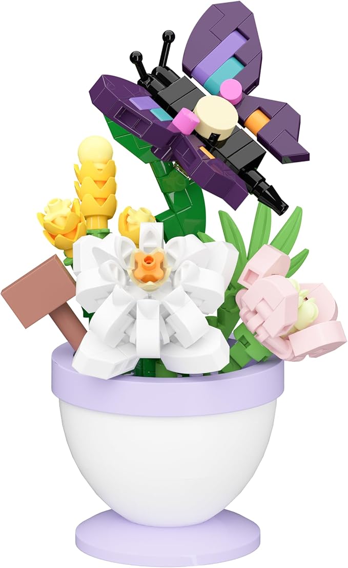 Purple Butterfly White Flower Mini Flower Cute Insects Potted Plant Bonsai Building Toy Blocks Particle Set Small Flowers Botanical