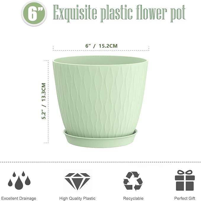 6 Inch Plant Pots, 6 Pack Flower Pots for Indoor and Outdoor Use, Planters with Drainage Holes and Saucers, Green