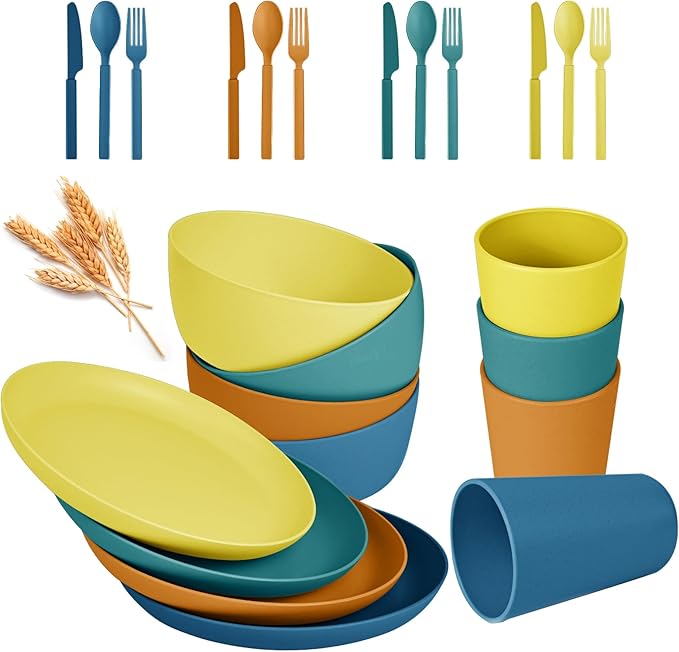 24pcs Wheat Straw Dinnerware Sets, Wheat Straw Plates and Bowls Sets for 4 Microwave Dishwasher Safe Lightweight （Four Colors）
