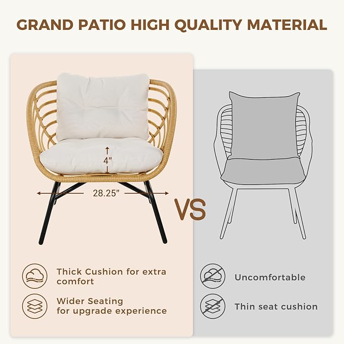 Grand patio 3-Piece Outdoor Furniture Set - Wicker Sofa with Thick Beige Cushions, Patio Coffee Table, Perfect for Porch, Backyard, Balcony, Garden