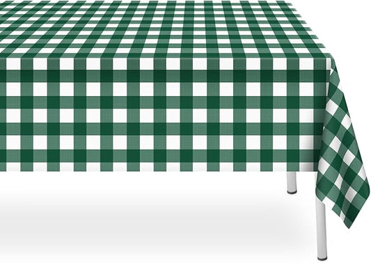 12 Pack Dark Green and White Checkered Tablecloth, Plastic Table Cloths for Parties Disposable, 54x108 in Waterproof Rectangular Gingham Camping Tablecloth for Birthday, Party, Baby Shower
