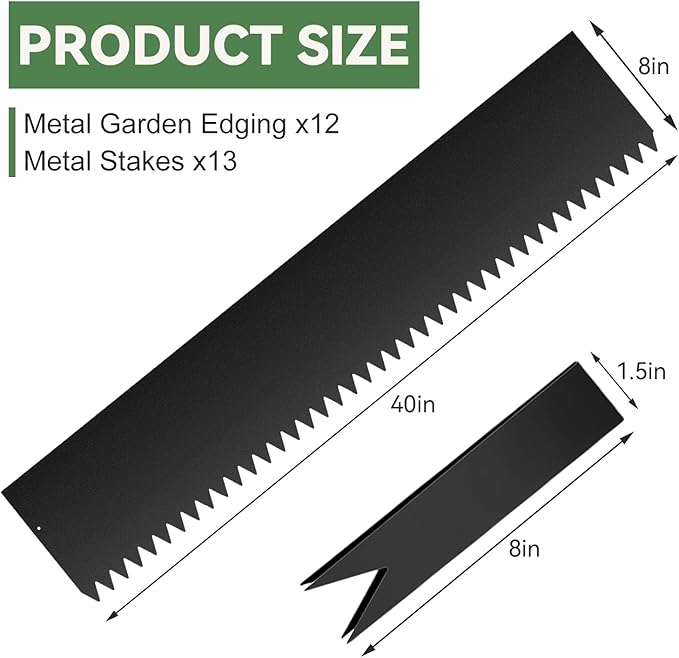 12Pack Landscape Edging Kit, 40" L x 8" H (40ft Total) Galvanized Steel Landscape Lawn Edging Powder for Lawn Yard, Coated Bendable Metal Strips, No-Dig Hammer-in Edging Border w/13Clips