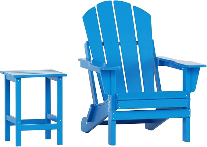 WO Home Furniture Adirondack Chair Table Set of 2 PCS Outdoor Folding Chair w Side Table Weather/UV Resistant for Lawn, Garden, Bon Fire, Balcony (Pacific Blue)