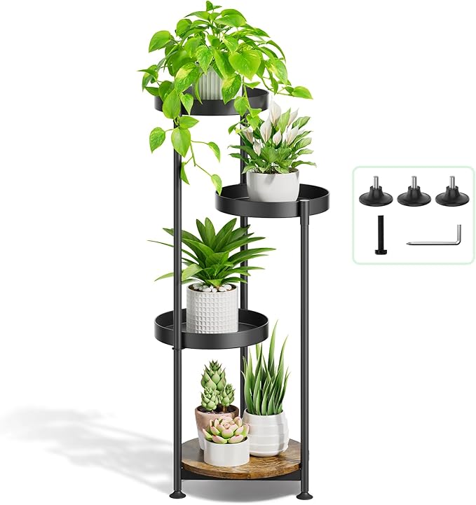 Plant Stand Indoor Outdoor Clearance, 4 Tier Metal Tall Flower Shelf Holder, Multiple Plant Round Corner Rack Organizer Display for Patio Orchid Office Porch Living Room Garden Balcony, Black